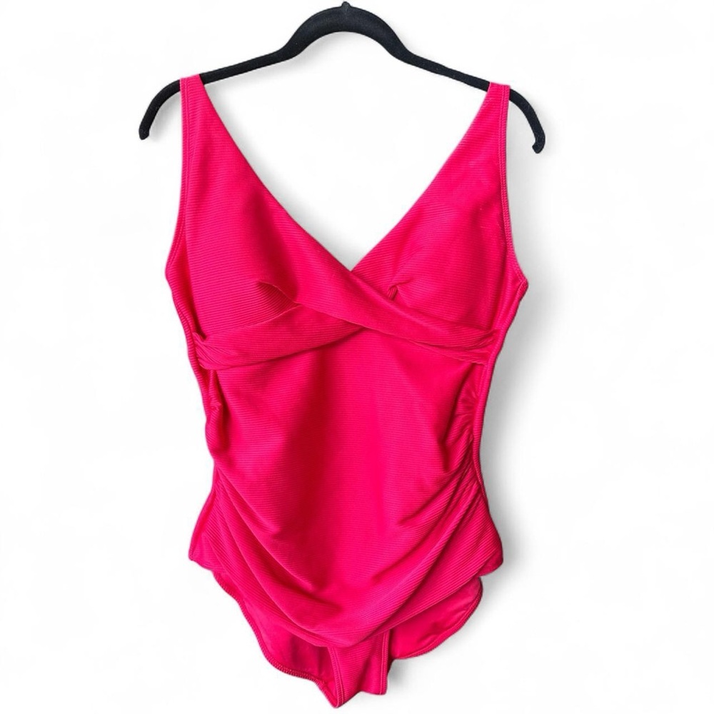 Pink One Piece Swimsuit with V-Neck and Ruching